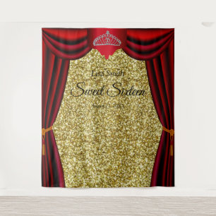 Sweet 16 Prinses Tiara Rode Gordijn Gouden Glitter Wandkleed