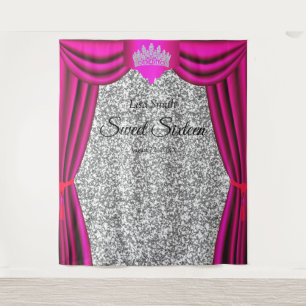Sweet 16 Prinsessen Kroon Roze Gordijn Zilver Glit Wandkleed