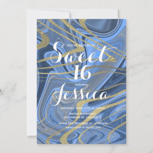 Sweet 16 | Quince Marble Liquid Blue Faux Gold Kaart (Voorkant)