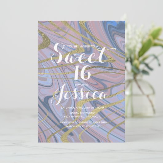 Sweet 16 | Quince Marble Liquid Blue Roze Kaart (Staand voorkant)