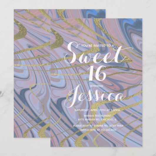 Sweet 16 | Quince Marble Liquid Blue Roze Kaart (Voorkant / Achterkant)