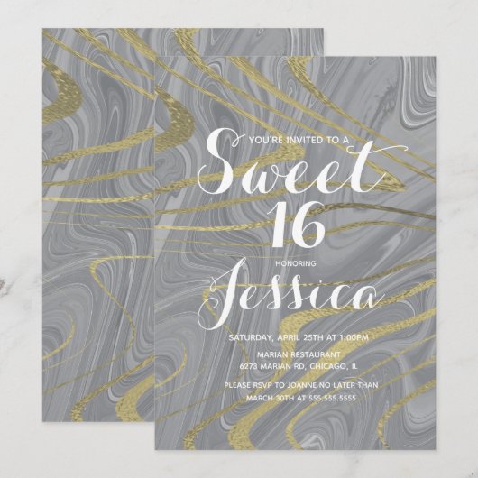 Sweet 16 | Quince Marble Liquid Gray Faux Gold Kaart (Voorkant / Achterkant)
