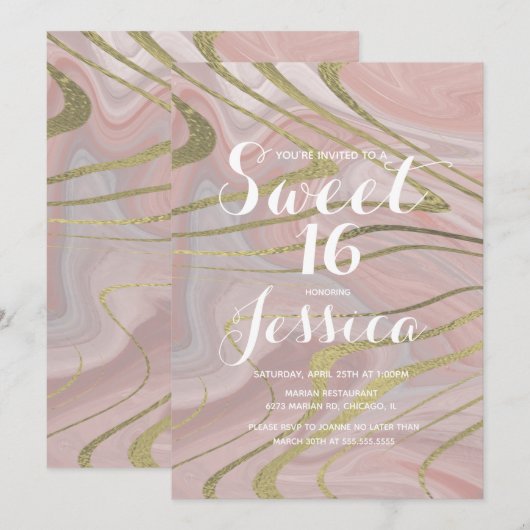 Sweet 16 | Quince Marble Liquid Pink Faux Gold Kaart (Voorkant / Achterkant)