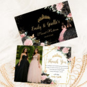 Sweet 16 Quinceanera Black Pink Floral Twins Photo Bedankkaart