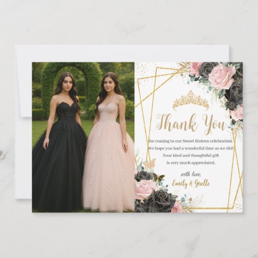 Sweet 16 Quinceanera Black Pink Floral Twins Photo Bedankkaart (Voorkant)