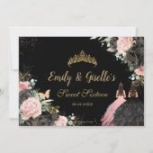 Sweet 16 Quinceanera Black Pink Floral Twins Photo Bedankkaart (Achterkant)
