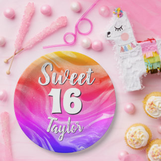 Sweet 16 Rainbow Colored Marble Personalized Papieren Bordje