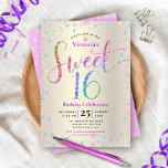 Sweet 16 Rainbow Glitter Confetti Gold Birthday Kaart<br><div class="desc">"Happy Sweet 16". Verstuur deze verbluffende, dunne, dunne, feestelijke, moderne, persoonlijke partijuitnodiging voor een evenement om het te herinneren. Rainbow glitter scripttypografie, samen met feestturquoise, paarse roze en goudconfetti, bedekt een metalen achtergrond van champagne gouden folie. Een gouden glitterstip patroon is boven lavender paars op de rug. Pas de douanetekst...</div>