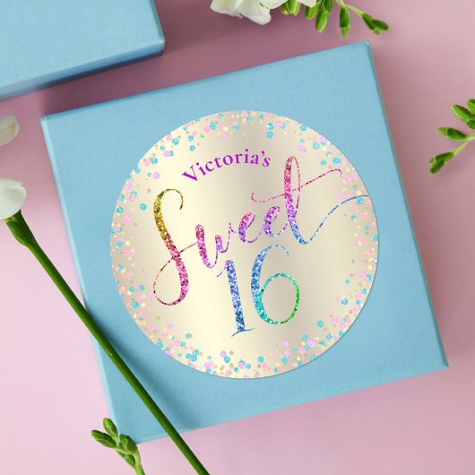 Sweet 16 Rainbow Glitter Confetti Gold Birthday Ronde Sticker