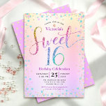 Sweet 16 Rainbow Glitter Confetti Ombre Birthday Kaart<br><div class="desc">"Happy Sweet 16". Verstuur deze verbluffende, dunne, dunne, feestelijke, moderne, persoonlijke partijuitnodiging voor een evenement om het te herinneren. Rainbow glitter script typografie, samen met feestturquoise, paarse roze en goudconfetti, bedekt een regenboogombre folie metallic achtergrond. Een gouden glitterstip patroon is boven lavender paars op de rug. Pas de douanetekst met...</div>