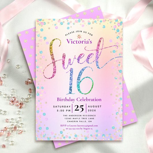 Sweet 16 Rainbow Glitter Confetti Ombre Birthday Kaart