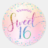 Sweet 16 Rainbow Glitter Confetti Ombre Birthday Ronde Sticker (Voorkant)
