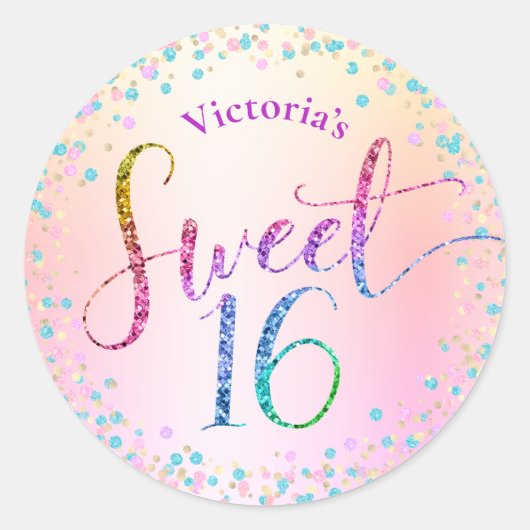 Sweet 16 Rainbow Glitter Confetti Ombre Birthday Ronde Sticker (Voorkant)