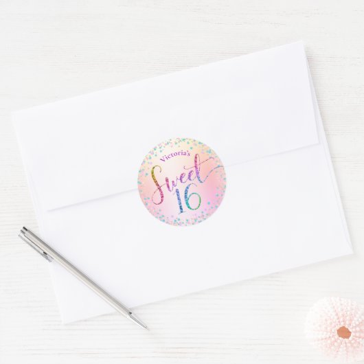 Sweet 16 Rainbow Glitter Confetti Ombre Birthday Ronde Sticker (Envelop)