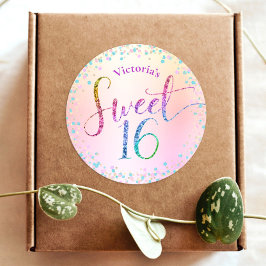 Sweet 16 Rainbow Glitter Confetti Ombre Birthday Ronde Sticker