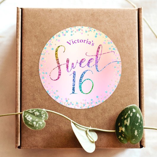 Sweet 16 Rainbow Glitter Confetti Ombre Birthday Ronde Sticker