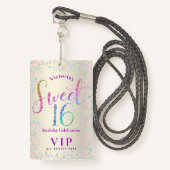 Sweet 16 Rainbow Glitter Gold Birthday VIP Pass Badge (Voorkant met draagriem)