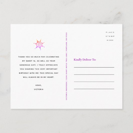 Sweet 16 Rainbow Glitter Ombre Birthday Dank u Briefkaart (Achterkant)