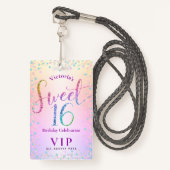 Sweet 16 Rainbow Glitter Ombre Birthday VIP Pass Badge (Voorkant met draagriem)