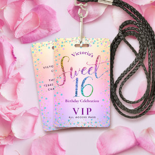 Sweet 16 Rainbow Glitter Ombre Birthday VIP Pass Badge