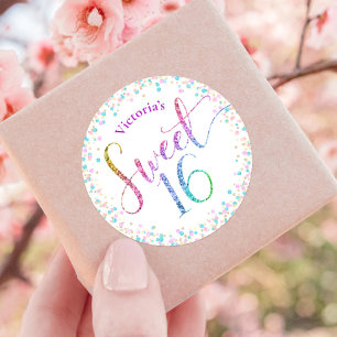 Sweet 16 Rainbow Ombre Glitter Confetti Birthday Ronde Sticker