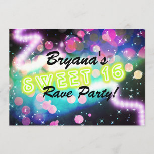 SWEET 16 Rave Club Neon Birthday Party, uitnodigin Kaart