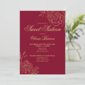 Sweet 16 Red and Gold Line Art Flowers Floral Kaart (Staand voorkant)