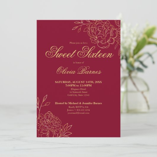 Sweet 16 Red and Gold Line Art Flowers Floral Kaart (Staand voorkant)
