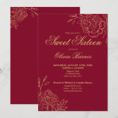 Sweet 16 Red and Gold Line Art Flowers Floral Kaart (Voorkant / Achterkant)