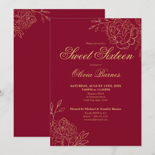 Sweet 16 Red and Gold Line Art Flowers Floral Kaart (Voorkant / Achterkant)