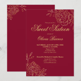 Sweet 16 Red and Gold Line Art Flowers Floral Kaart
