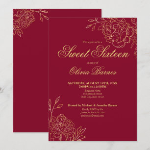 Sweet 16 Red and Gold Line Art Flowers Floral Kaart