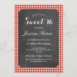 Sweet 16 Red Check Lights Rustic Chalk Uitnodiging