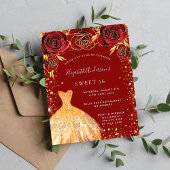 Sweet 16 Red Gold glitter jurk bloemuitnodiging Briefkaart