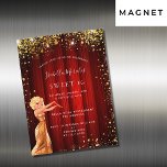 Sweet 16 red gold glitter jurk luxe film magnetische uitnodiging<br><div class="desc">Een moderne, stijlvolle en glamoureuze uitnodigingsmagneet voor een Sweet 16, 16e verjaardagsfeest, Hollywood-thema. Een rode achtergrond met faux goud glitter stof, een meisje met een gouden jurk. Een rood filmgordijn als achtergrond De naam wordt geschreven met een modern, met de hand geschreven stijlscript. Pas je partijgegevens aan en voeg deze...</div>