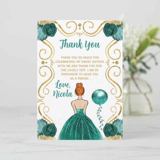 Sweet 16 Red Hair Princess Teal  Bedankkaart (Staand voorkant)