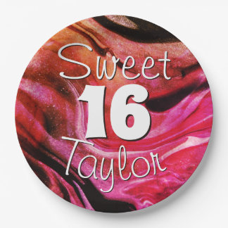 Sweet 16 Red & Orange Marble Personalized Papieren Bordje