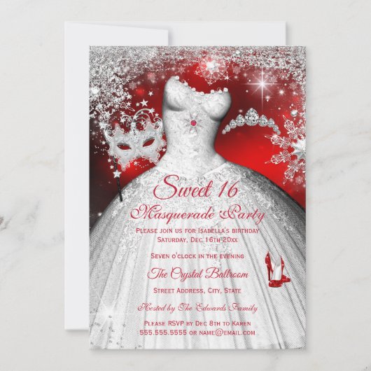 Sweet 16 Red Princess Masquerade Silver Party Kaart (Voorkant)