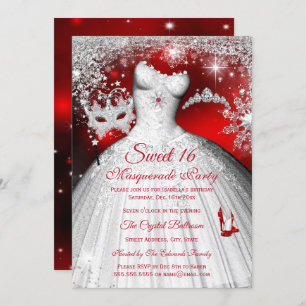 Sweet 16 Red Princess Masquerade Silver Party Kaart