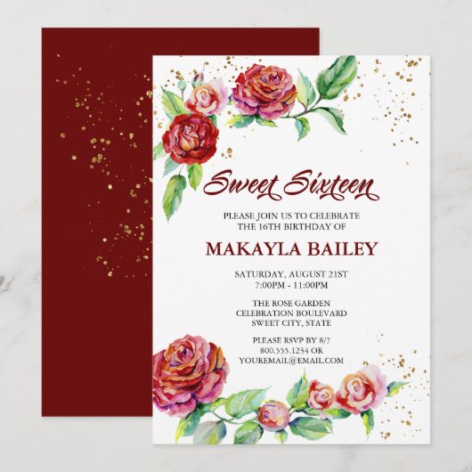 Sweet 16  Red Roses Gold Confetti Floral Kaart (Voorkant / Achterkant)