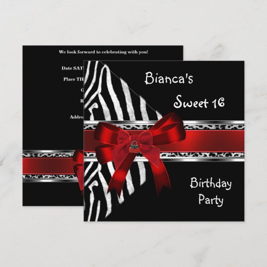Sweet 16 Red Silver Black Zebra Leopard Birthday Kaart (Voorkant / Achterkant)