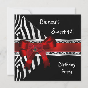 Sweet 16 Red Silver Black Zebra Leopard Birthday Kaart