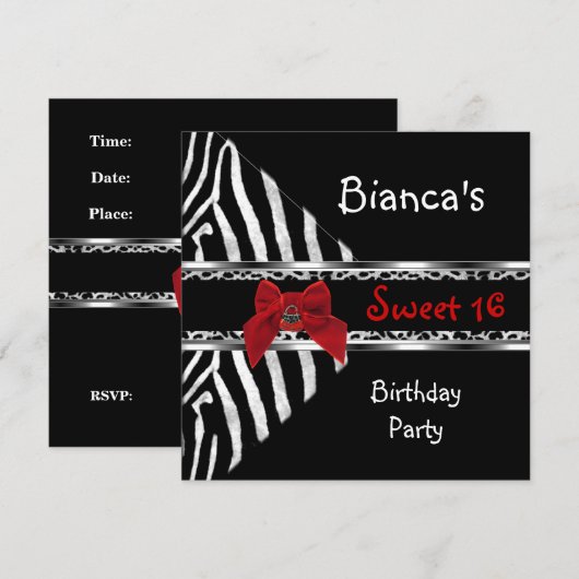 Sweet 16 Red Silver Black Zebra Leopard Birthday Kaart (Voorkant / Achterkant)