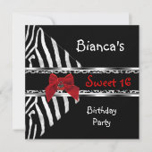 Sweet 16 Red Silver Black Zebra Leopard Birthday Kaart (Voorkant)