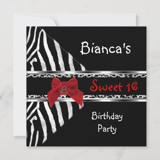 Sweet 16 Red Silver Black Zebra Leopard Birthday Kaart (Voorkant)