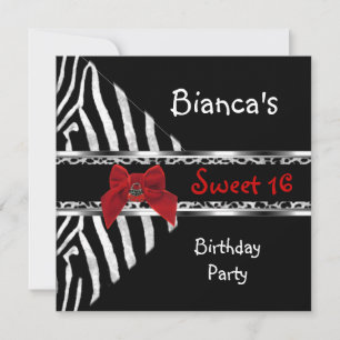 Sweet 16 Red Silver Black Zebra Leopard Birthday Kaart