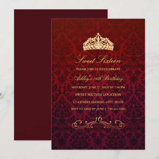 Sweet 16 | Red Tiara & Damask Uitnodiging (Voorkant / Achterkant)