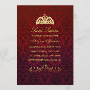 Sweet 16 Red Tiara & Damask Uitnodiging
