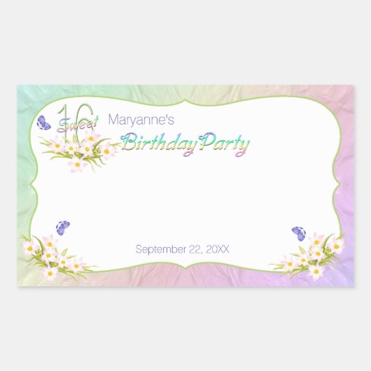 Sweet 16 Regenboog en Vlinders Verjaardagsfeest Rechthoekige Sticker (Voorkant)