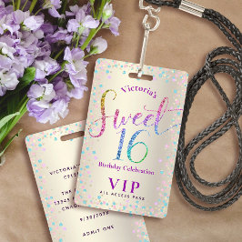 Sweet 16 Regenboog Glitter Goud Verjaardag VIP Pas Badge
